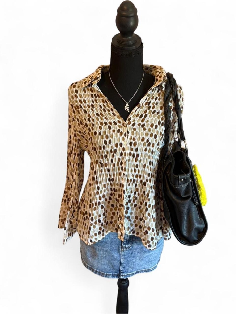 Sunny Leigh Y2K Polka Dot Button-Down Blouse in Beige and Brown, Size M